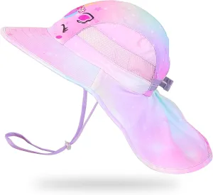 Kids Sun Hat UV Protection Unicorn Summer Beach Play Hats Wide Brim Neck Flap for Girls Boys