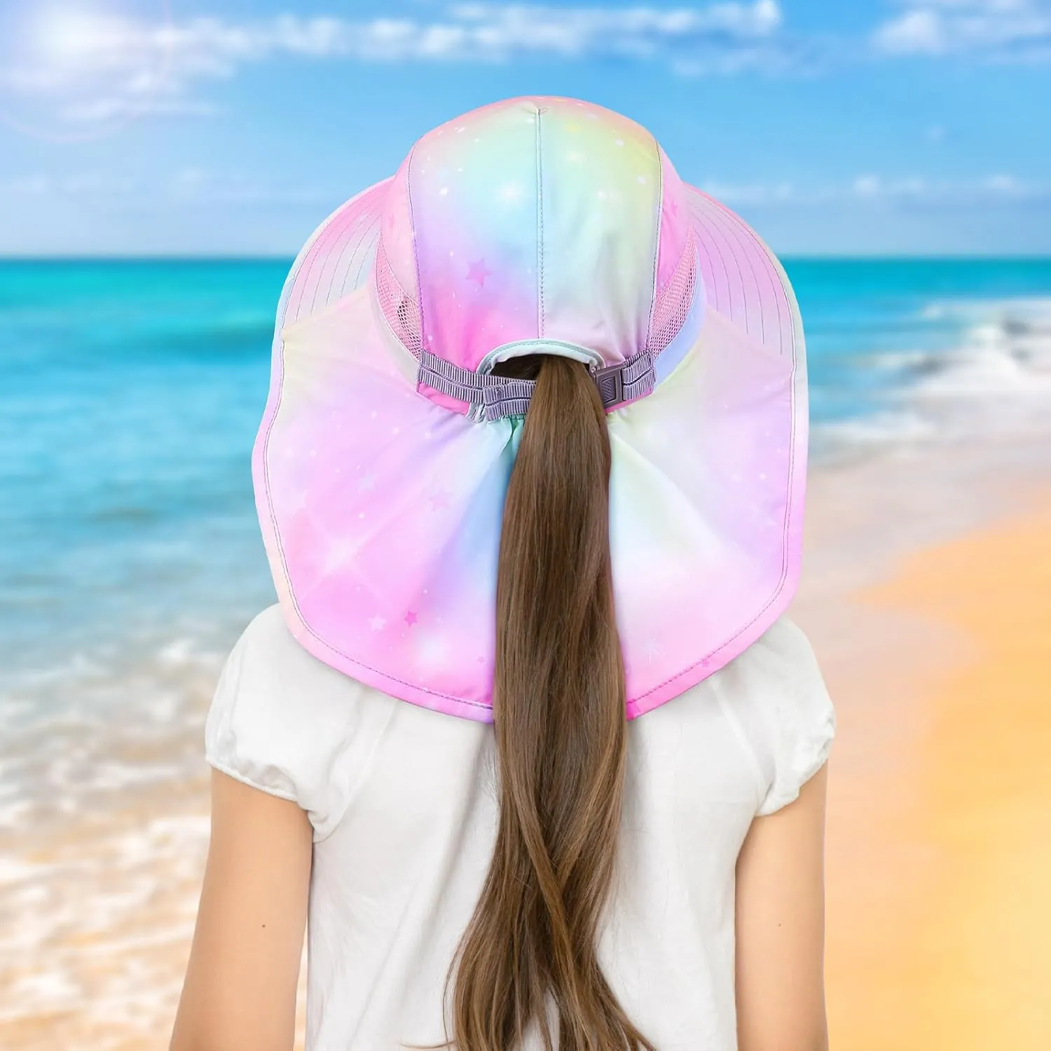 Kids Sun Hat UV Protection Unicorn Summer Beach Play Hats Wide Brim Neck Flap for Girls Boys