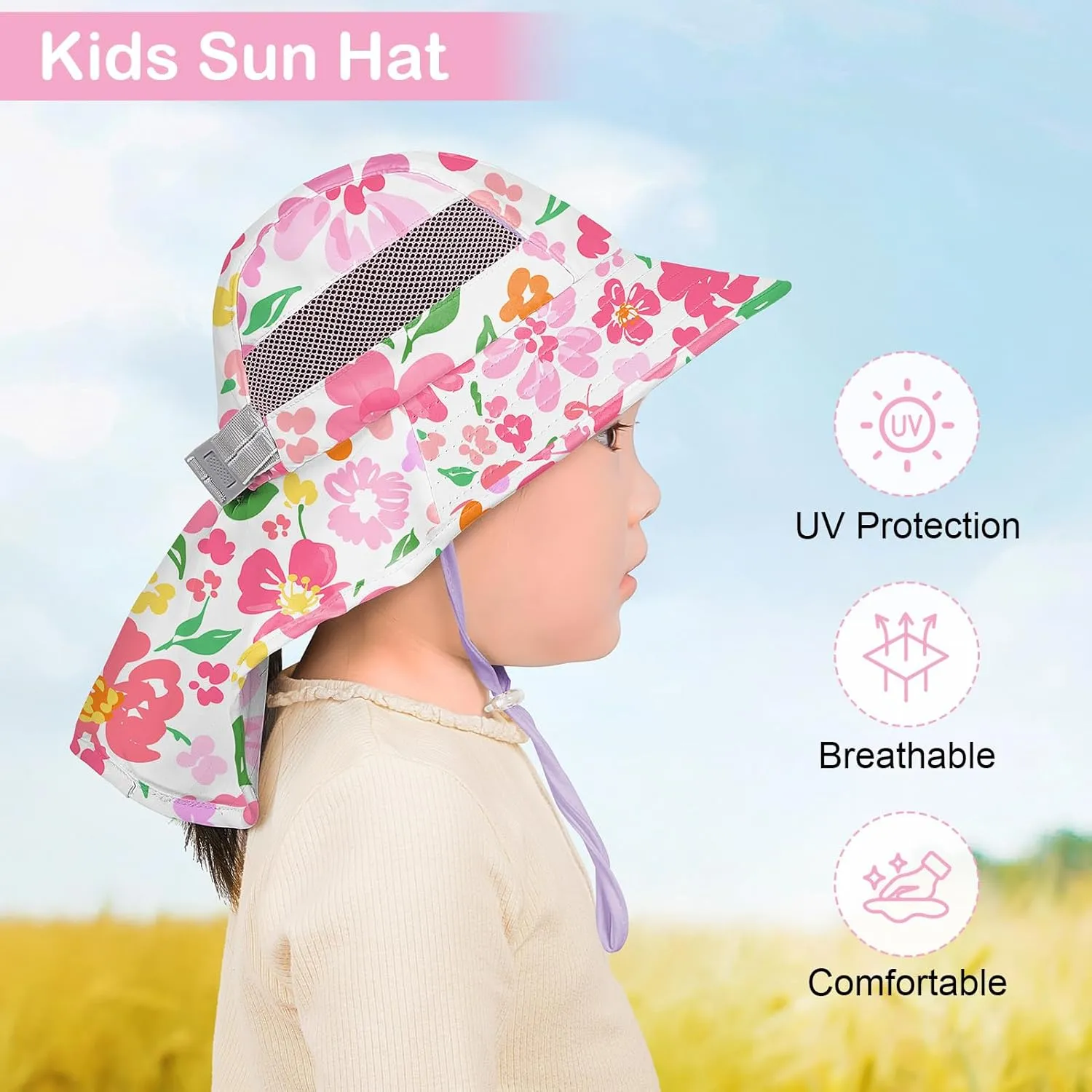 Kids Sun Hat UV Protection Unicorn Summer Beach Play Hats Wide Brim Neck Flap for Girls Boys