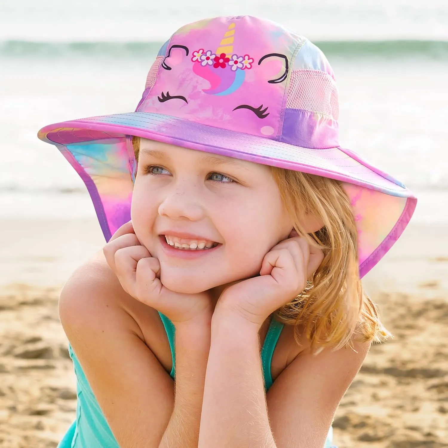 Kids Sun Hat UV Protection Unicorn Summer Beach Play Hats Wide Brim Neck Flap for Girls Boys