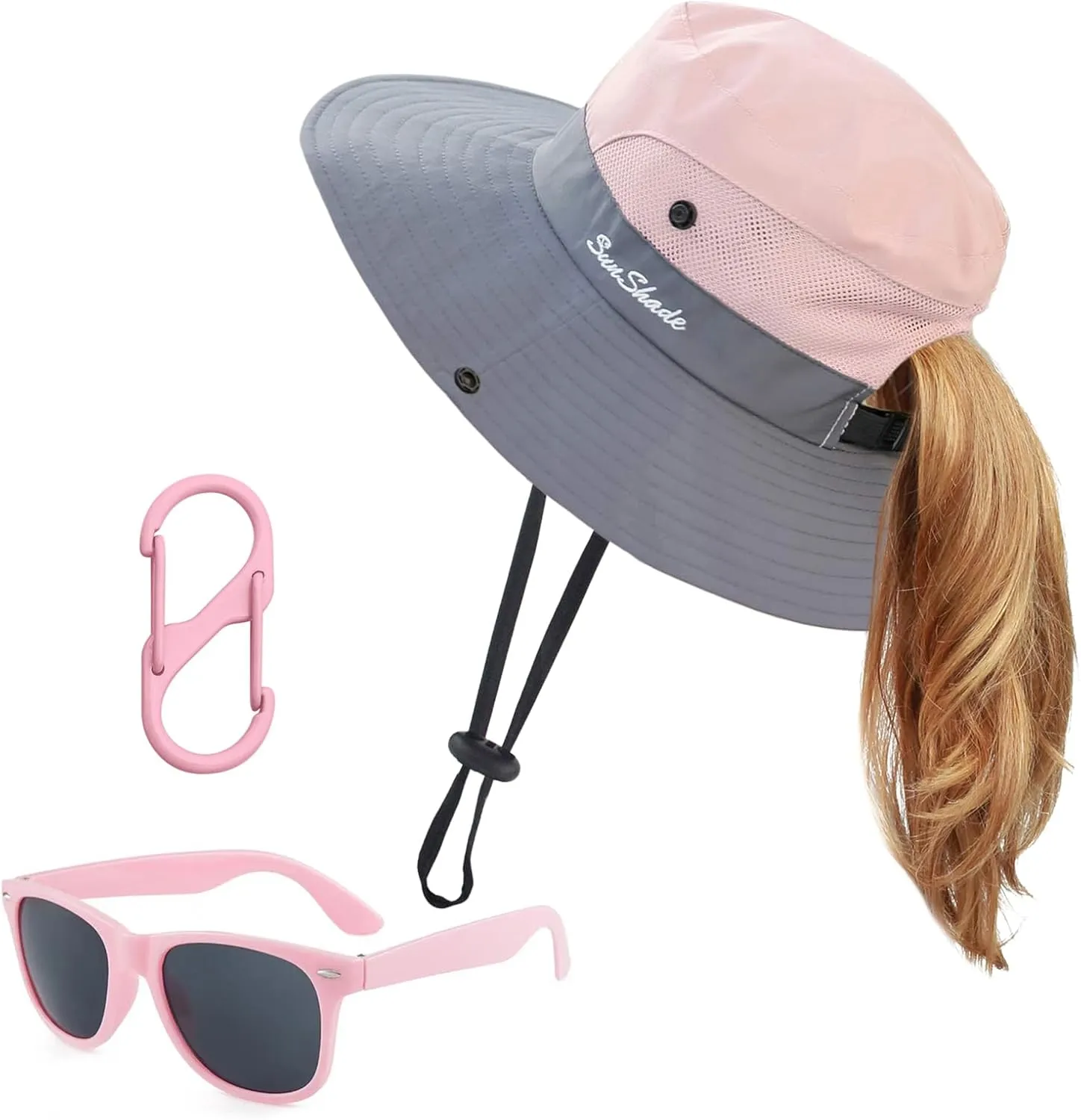 Kids Sun Hats Sunglasses and Hat Clip Set Wide Brim Summer Hats UV Protection Beach Cap with Ponytail Hole