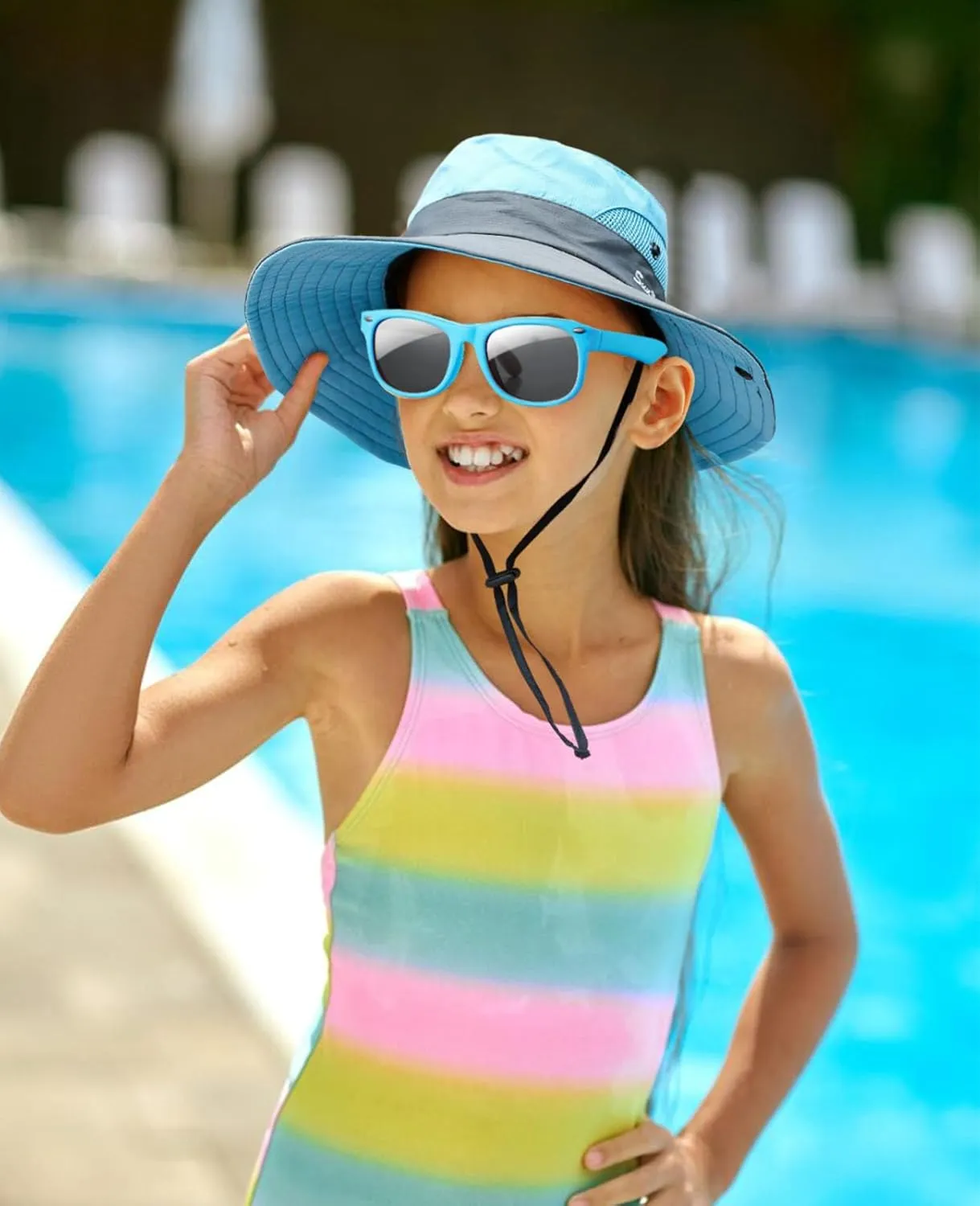 Kids Sun Hats Sunglasses and Hat Clip Set Wide Brim Summer Hats UV Protection Beach Cap with Ponytail Hole