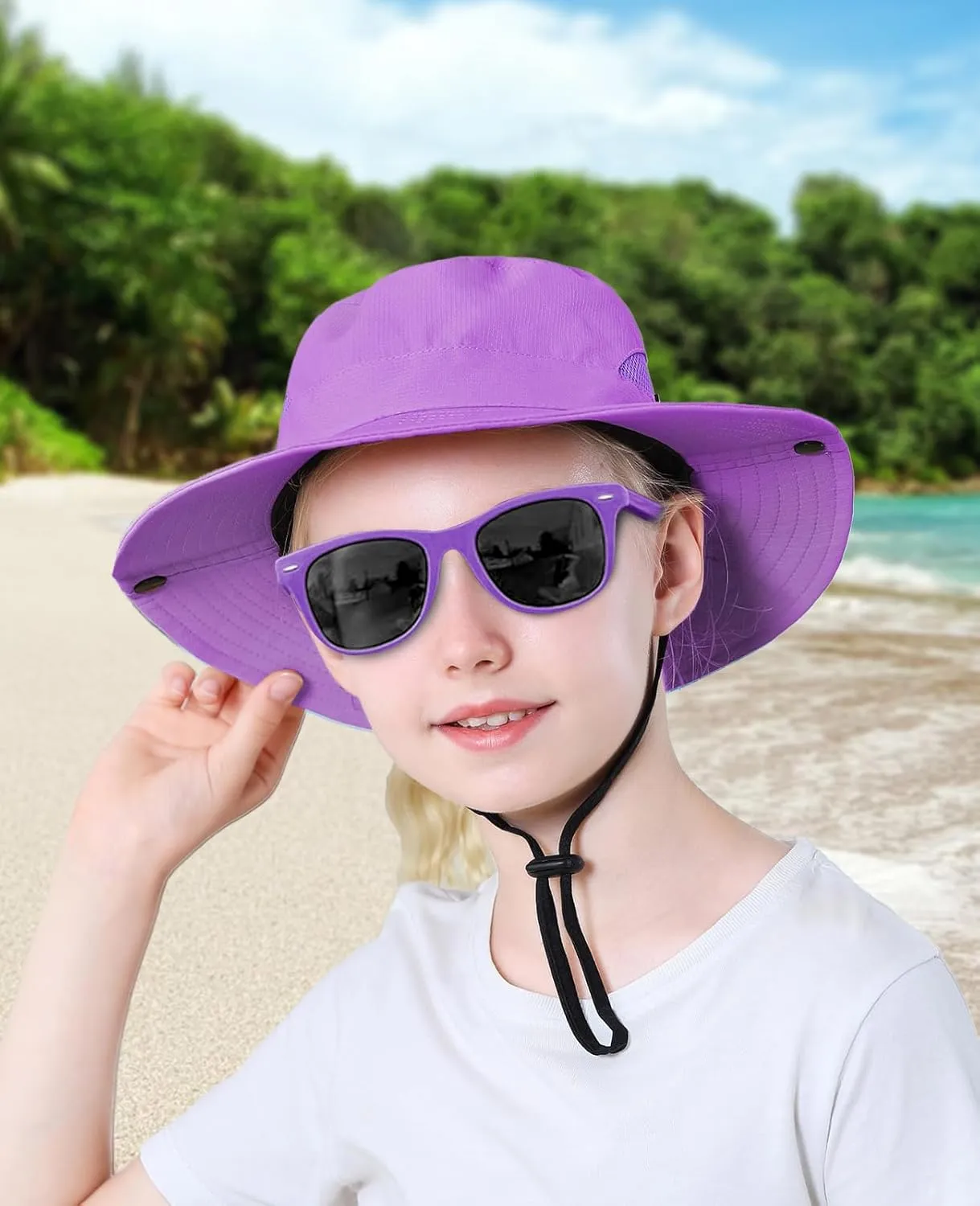 Kids Sun Hats Sunglasses and Hat Clip Set Wide Brim Summer Hats UV Protection Beach Cap with Ponytail Hole
