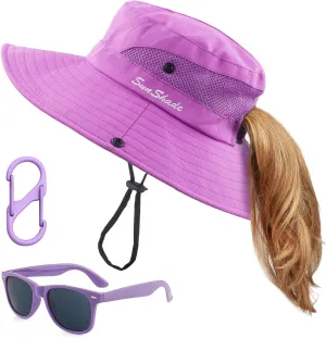 Kids Sun Hats Sunglasses and Hat Clip Set Wide Brim Summer Hats UV Protection Beach Cap with Ponytail Hole