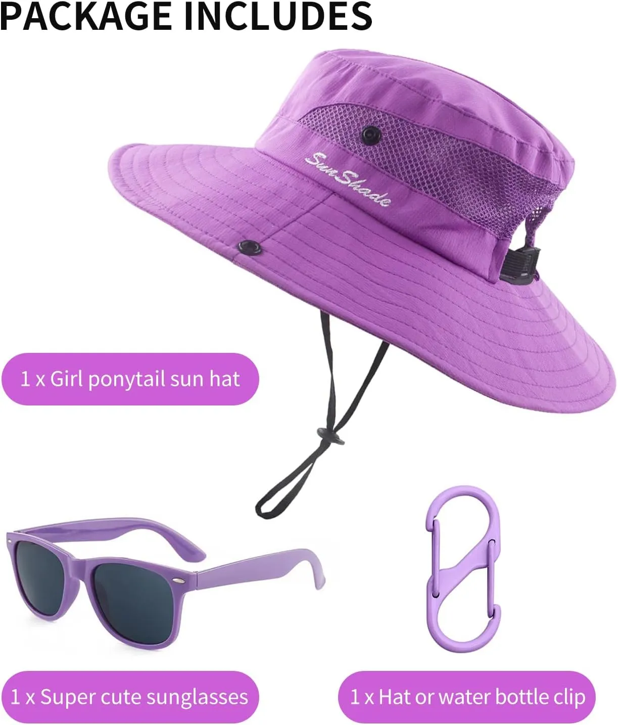 Kids Sun Hats Sunglasses and Hat Clip Set Wide Brim Summer Hats UV Protection Beach Cap with Ponytail Hole