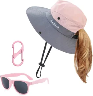 Kids Sun Hats Sunglasses and Hat Clip Set Wide Brim Summer Hats UV Protection Beach Cap with Ponytail Hole