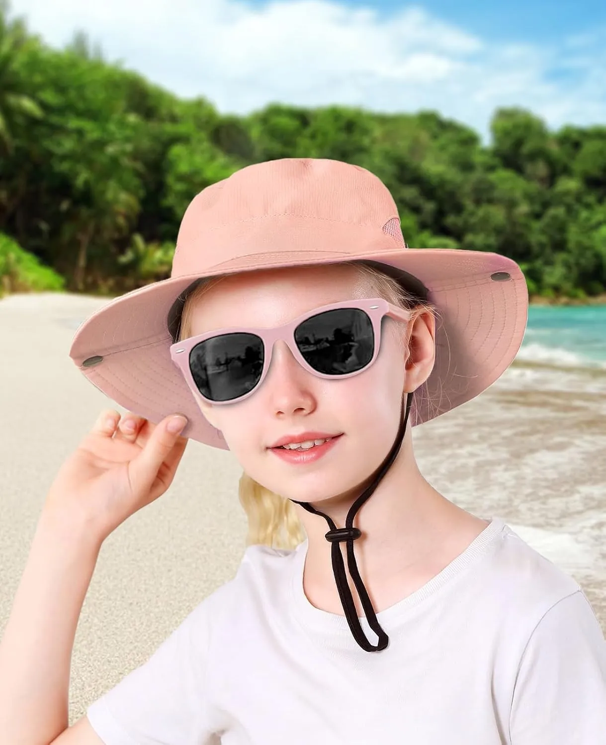 Kids Sun Hats Sunglasses and Hat Clip Set Wide Brim Summer Hats UV Protection Beach Cap with Ponytail Hole