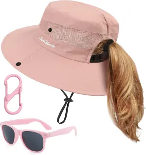 Kids Sun Hats Sunglasses and Hat Clip Set Wide Brim Summer Hats UV Protection Beach Cap with Ponytail Hole
