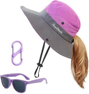 Kids Sun Hats Sunglasses and Hat Clip Set Wide Brim Summer Hats UV Protection Beach Cap with Ponytail Hole