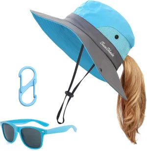 Kids Sun Hats Sunglasses and Hat Clip Set Wide Brim Summer Hats UV Protection Beach Cap with Ponytail Hole