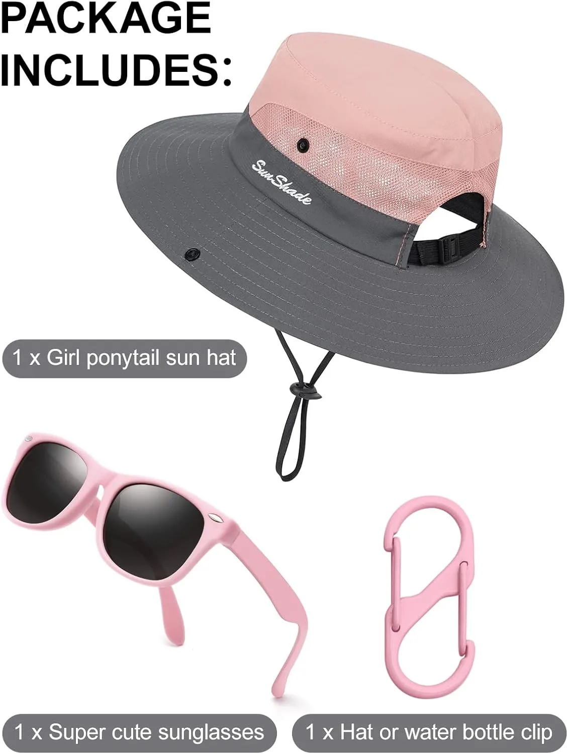 Kids Sun Hats Sunglasses and Hat Clip Set Wide Brim Summer Hats UV Protection Beach Cap with Ponytail Hole