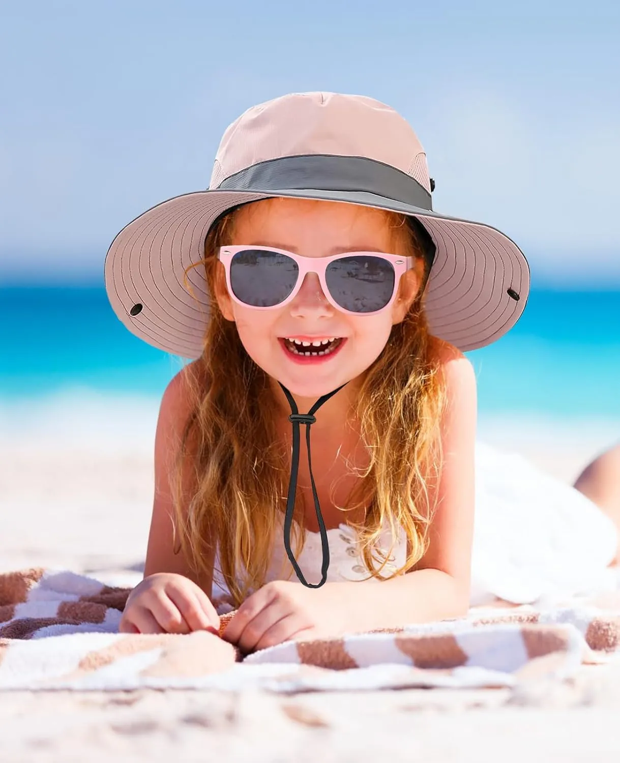 Kids Sun Hats Sunglasses and Hat Clip Set Wide Brim Summer Hats UV Protection Beach Cap with Ponytail Hole
