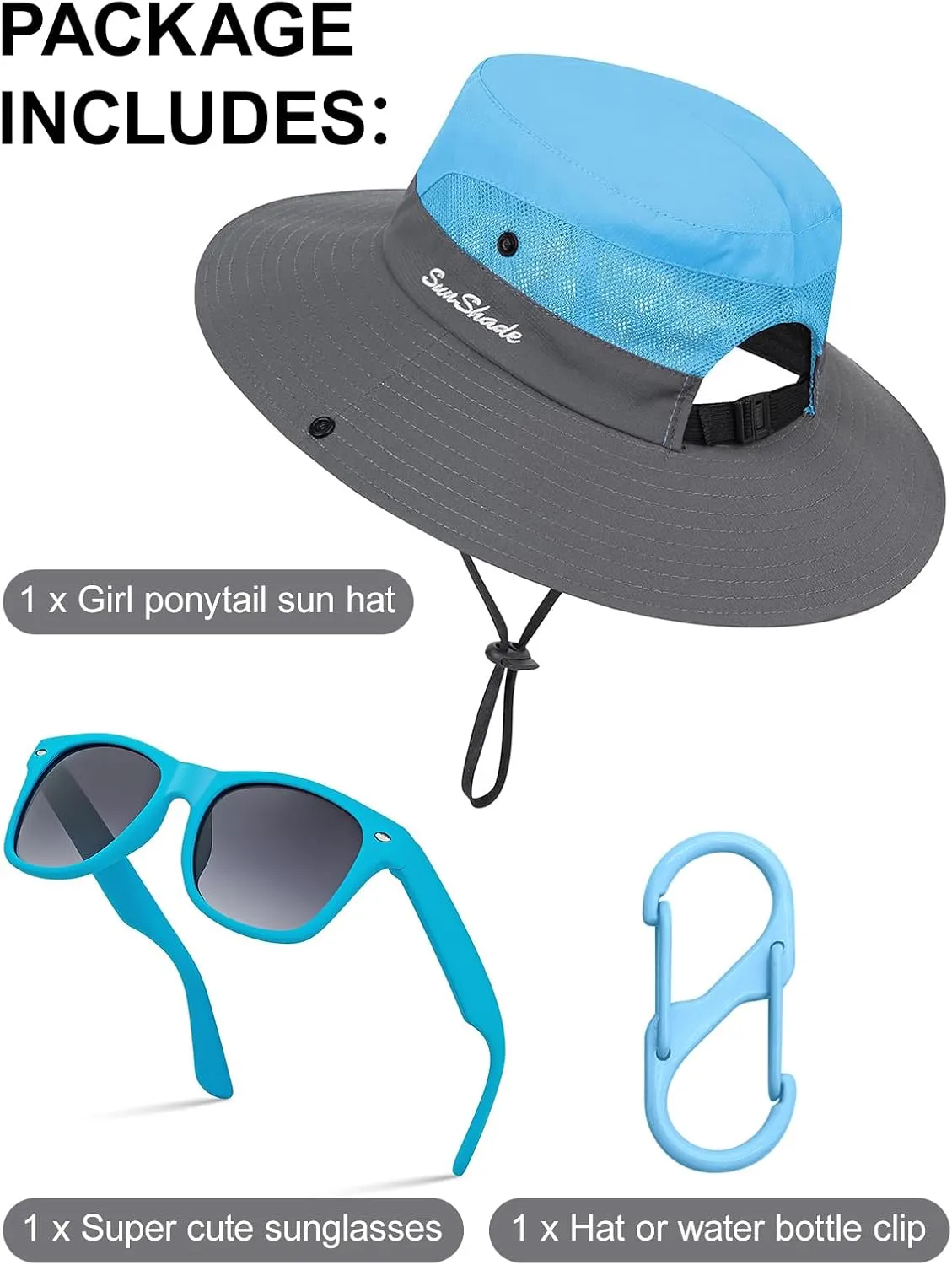 Kids Sun Hats Sunglasses and Hat Clip Set Wide Brim Summer Hats UV Protection Beach Cap with Ponytail Hole
