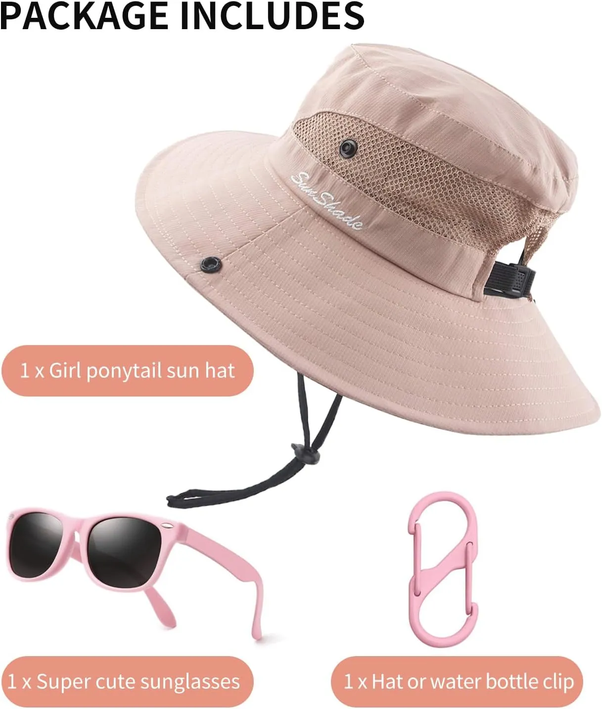 Kids Sun Hats Sunglasses and Hat Clip Set Wide Brim Summer Hats UV Protection Beach Cap with Ponytail Hole