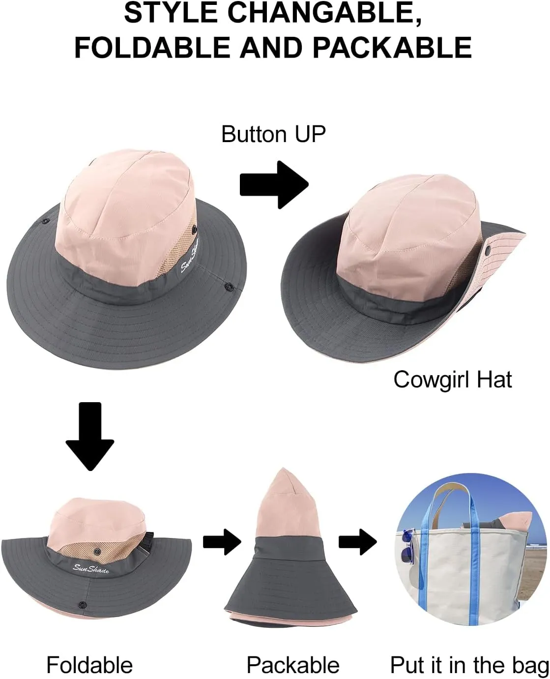 Kids Sun Hats Sunglasses and Hat Clip Set Wide Brim Summer Hats UV Protection Beach Cap with Ponytail Hole