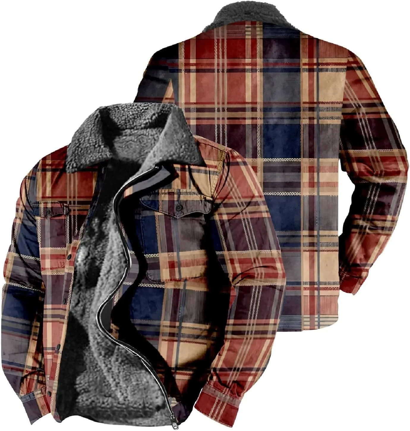 LCMTWX Mens Plaid Flannel Jacket Lapel Pocket Hooded Padded Loose Shirt Top Jacket Men Plus Size Big&Tall Mens Coat Soft