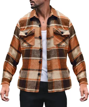 LCMTWX Winter Coat Men Plaid Fleece Pullover Sweatshirt Jacket Button Collar Warm Sweater Coat Casual Long Sleeve with Hood