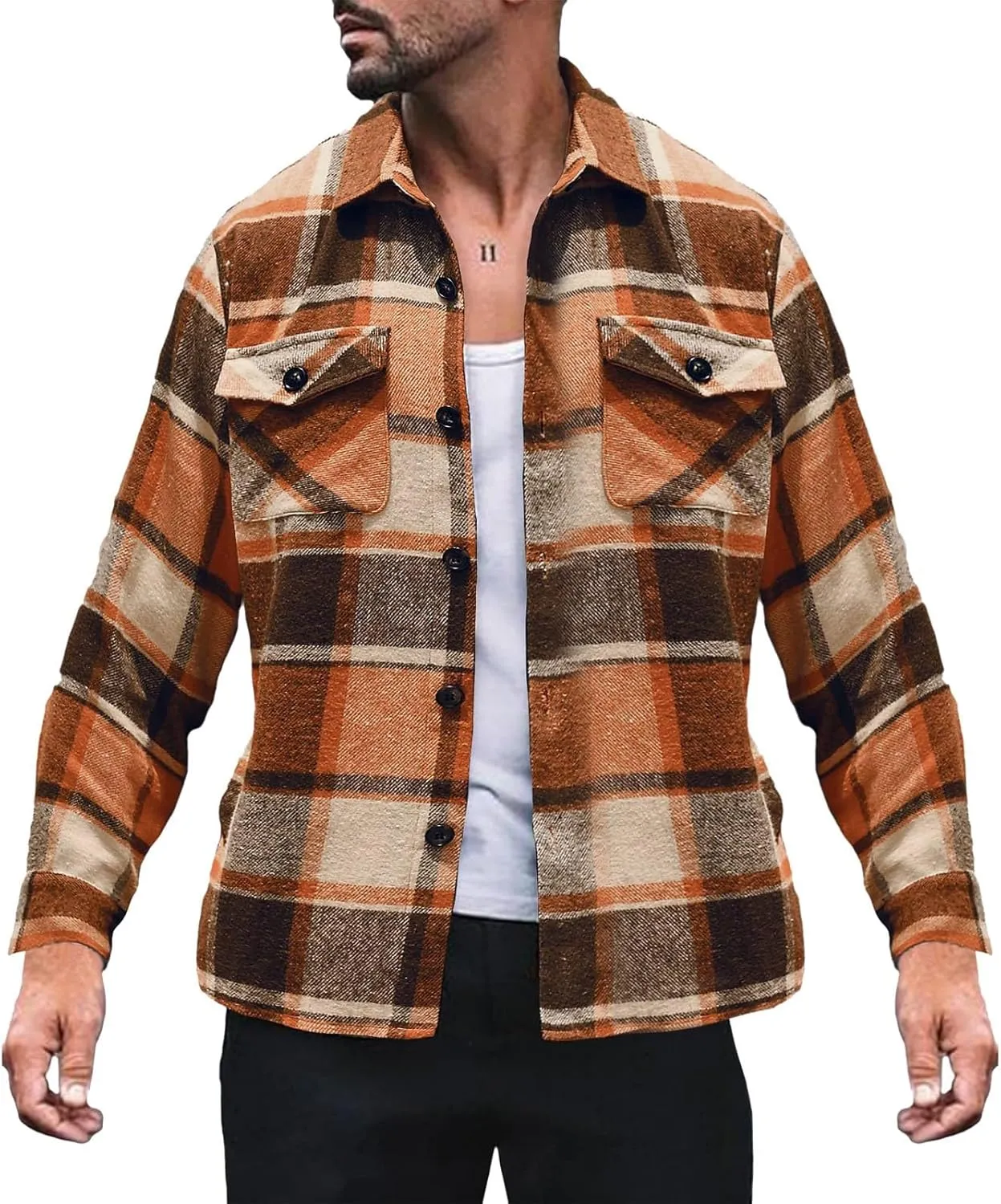LCMTWX Winter Coat Men Plaid Fleece Pullover Sweatshirt Jacket Button Collar Warm Sweater Coat Casual Long Sleeve with Hood