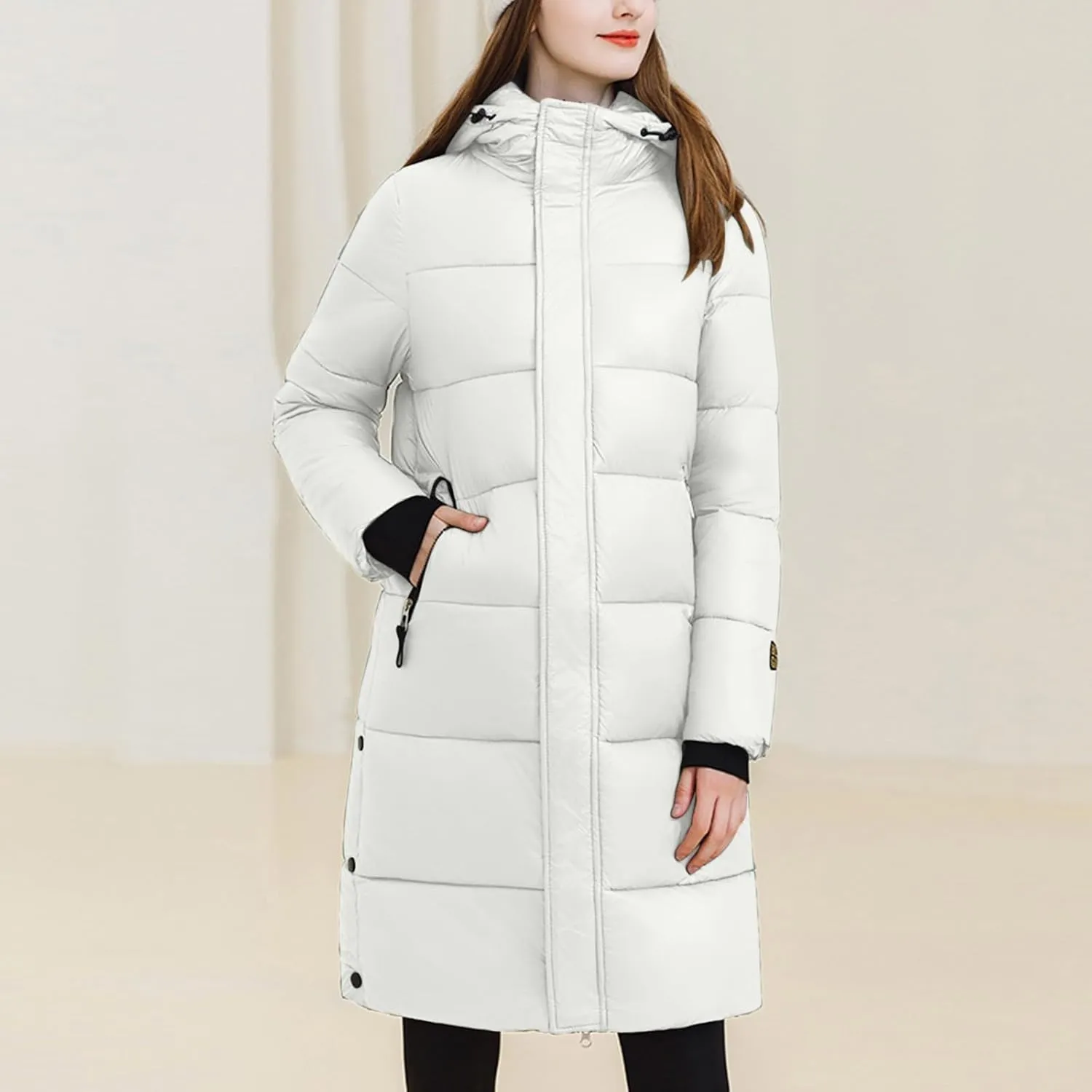 lcziwo Women's down Jacket with Hood Mid-Length Puffer Jackets Stand Collar Zip Quilted Parkas Warm Winter Outerwear
