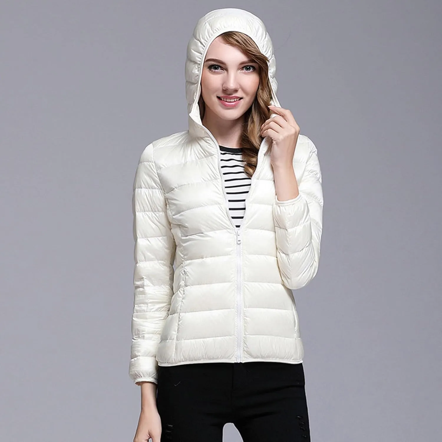 lcziwo Women's Short down Jacket Lightweight Slim Hooded Puffer Jacket Stand Collar Zip Quilted Winter Coat with Pockets