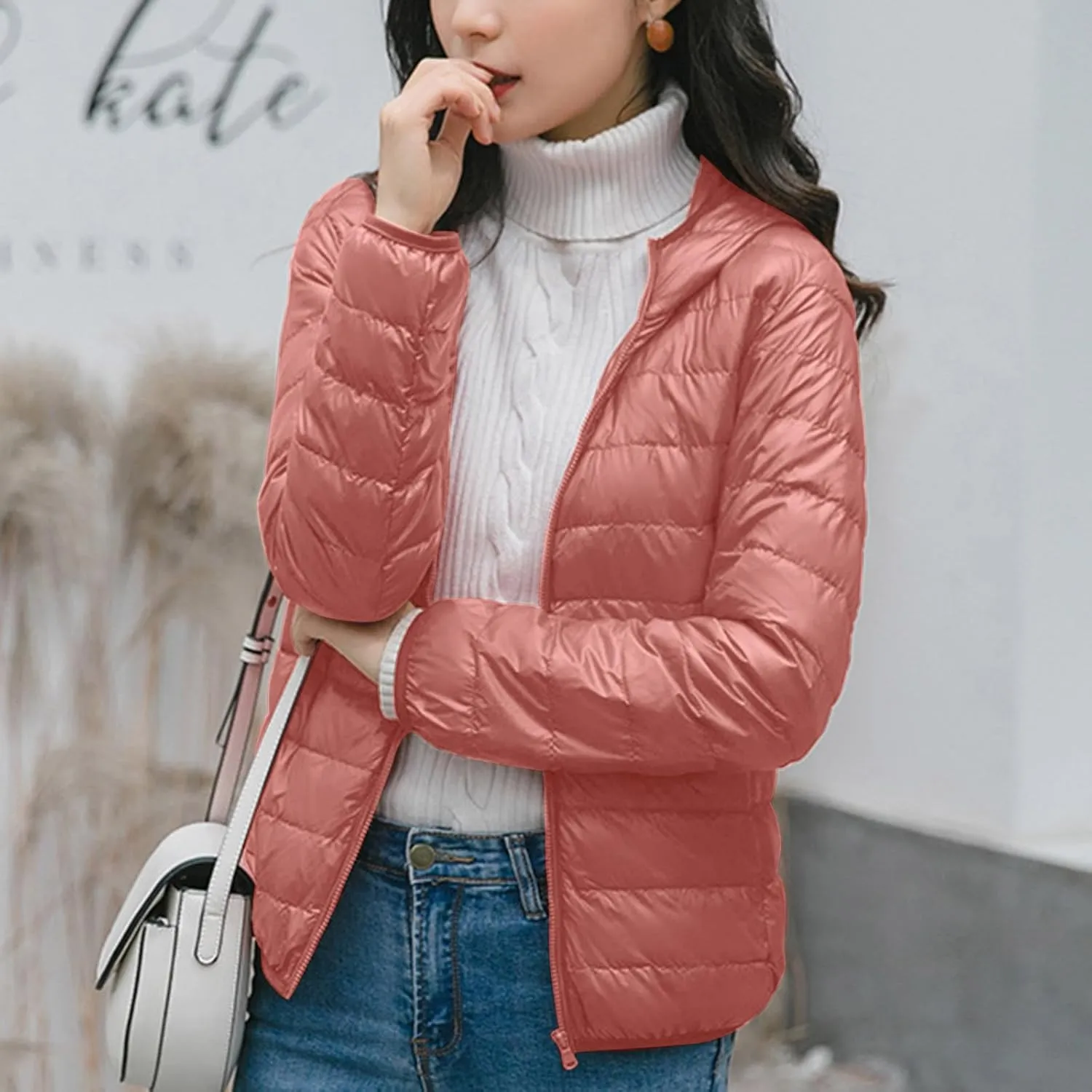 lcziwo Women's Short down Jacket Lightweight Slim Hooded Puffer Jacket Stand Collar Zip Quilted Winter Coat with Pockets