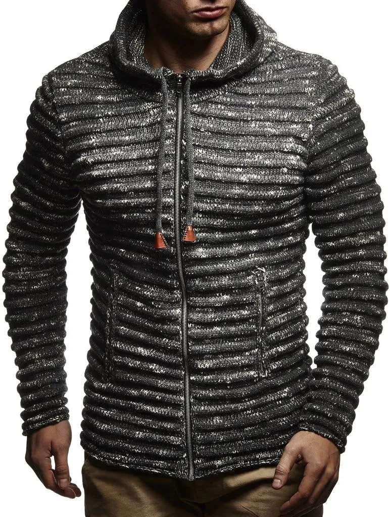 Leif Nelson LN20724 Men's Knit Jacket with Hood Knitt Zip Up Cardigan Hoodie