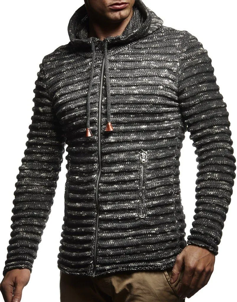 Leif Nelson LN20724 Men's Knit Jacket with Hood Knitt Zip Up Cardigan Hoodie