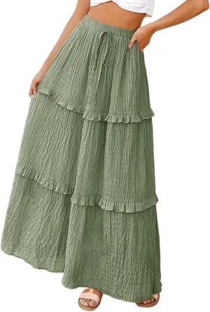 Long Skirt for Women Summer Elegant High-Waisted Ruffle Boho Pleated Maxi Dress Casual A-line Swing Flowy Skirts