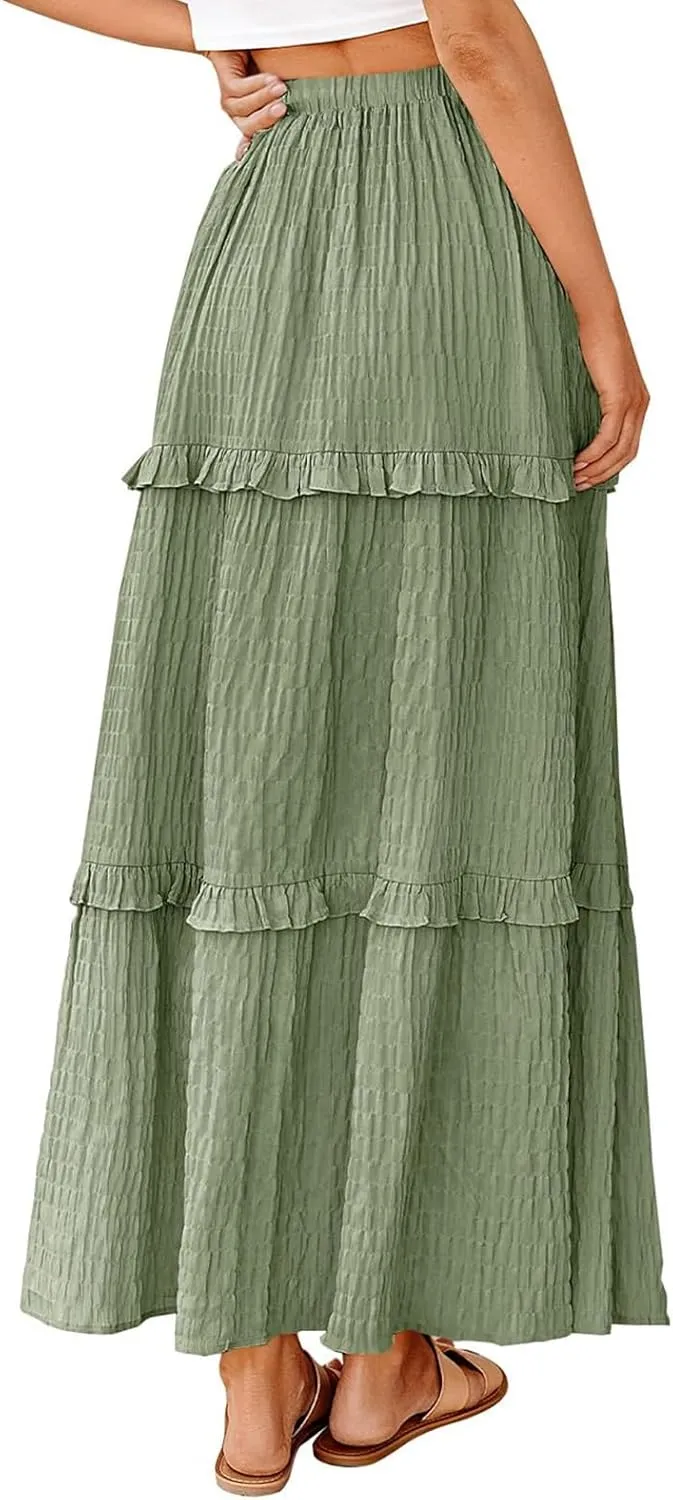 Long Skirt for Women Summer Elegant High-Waisted Ruffle Boho Pleated Maxi Dress Casual A-line Swing Flowy Skirts