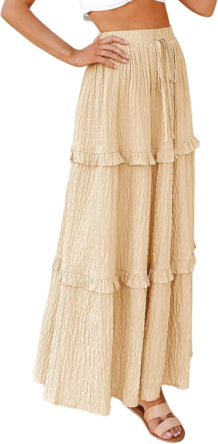 Long Skirt for Women Summer Elegant High-Waisted Ruffle Boho Pleated Maxi Dress Casual A-line Swing Flowy Skirts