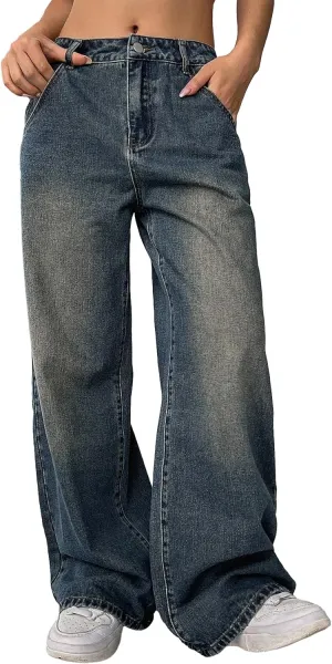 MakeMeChic Women's Wide Leg Jeans High Waisted Y2k Zip Up Vintage Boyfriend Jeans