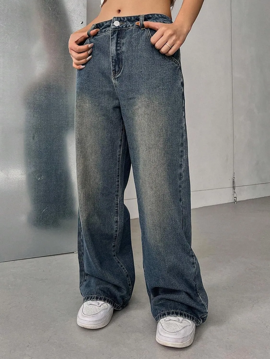 MakeMeChic Women's Wide Leg Jeans High Waisted Y2k Zip Up Vintage Boyfriend Jeans