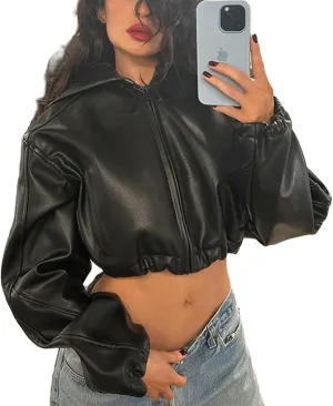 Mandonce Leather Jacket Women Zip up Hoodies Motorcycle Bomber Jacket Streetwear Cropped Trench Coat for Women