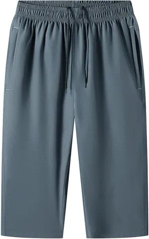 Men Big and Tall Capri Pants 3/4 Below Knee Long Shorts Elastic Waist Jogging Gym Beach Cropped Pants with Pockets