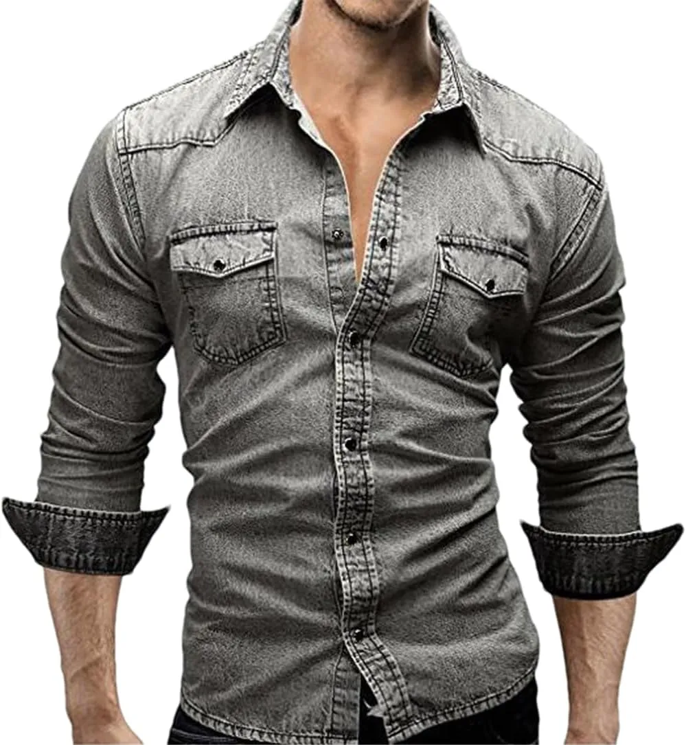 Men Casual Denim Shirt Long Sleeve Solid Slim Fit Dress Shirts Streetwear Tops