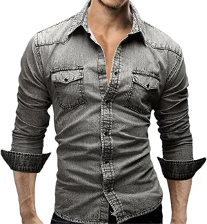 Men Casual Denim Shirt Long Sleeve Solid Slim Fit Dress Shirts Streetwear Tops