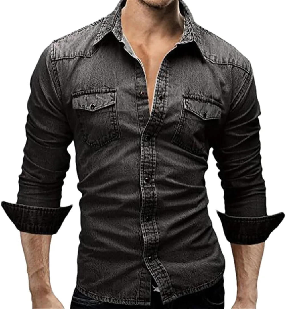 Men Casual Denim Shirt Long Sleeve Solid Slim Fit Dress Shirts Streetwear Tops
