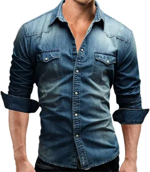 Men Casual Denim Shirt Long Sleeve Solid Slim Fit Dress Shirts Streetwear Tops