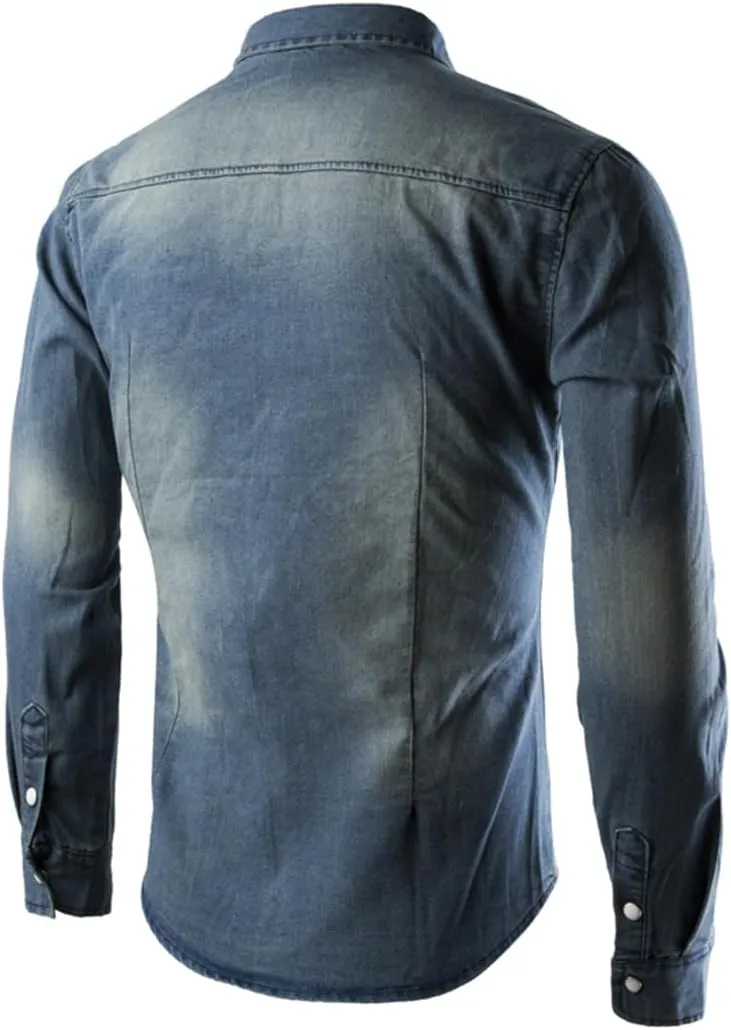 Men Casual Denim Shirt Long Sleeve Solid Slim Fit Dress Shirts Streetwear Tops