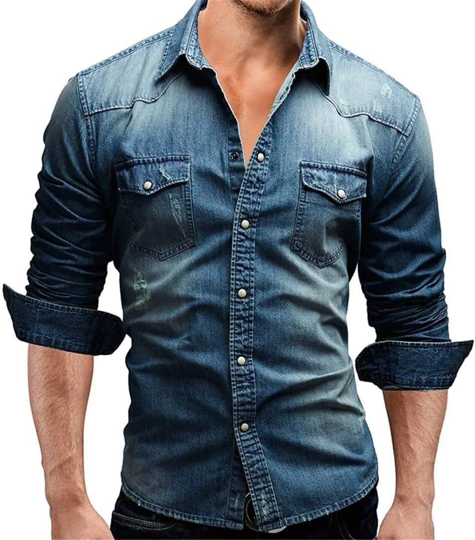 Men Casual Denim Shirt Long Sleeve Solid Slim Fit Dress Shirts Streetwear Tops