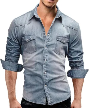 Men Casual Denim Shirt Long Sleeve Solid Slim Fit Dress Shirts Streetwear Tops