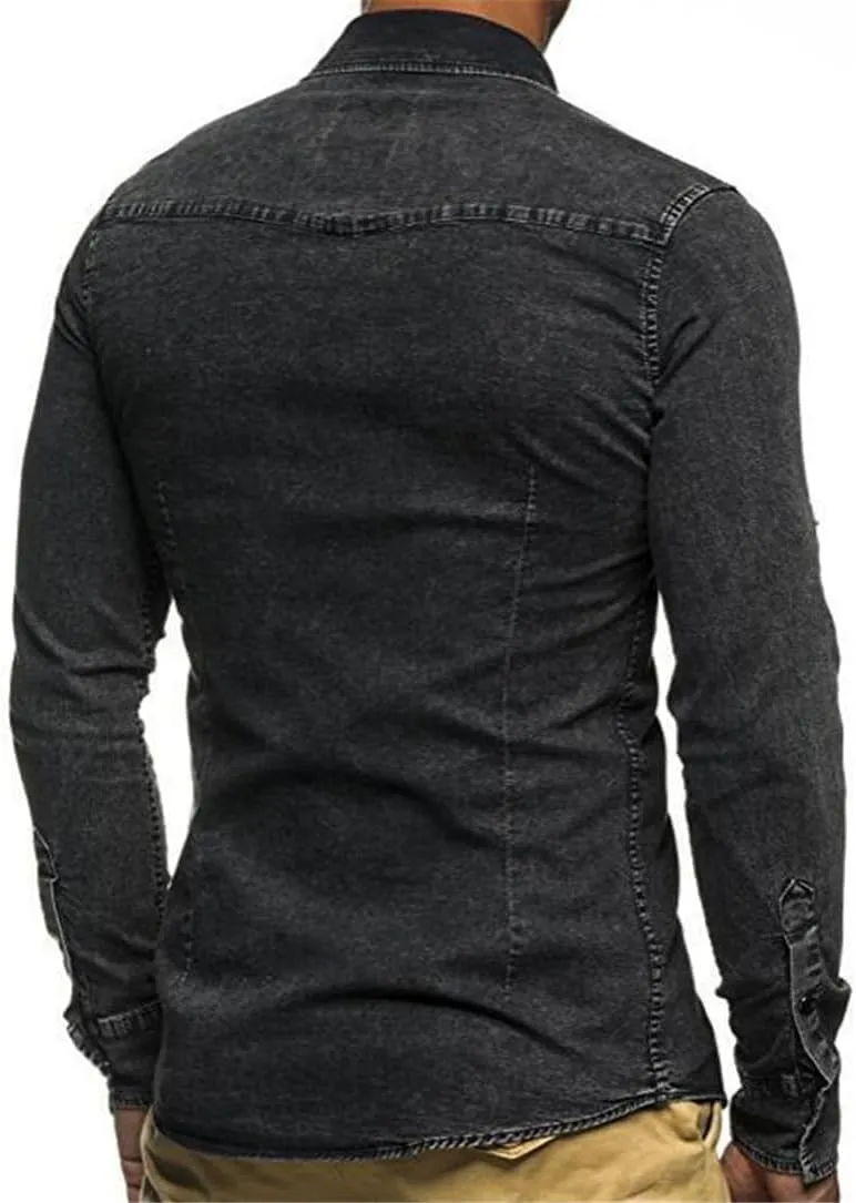 Men Casual Denim Shirt Long Sleeve Solid Slim Fit Dress Shirts Streetwear Tops