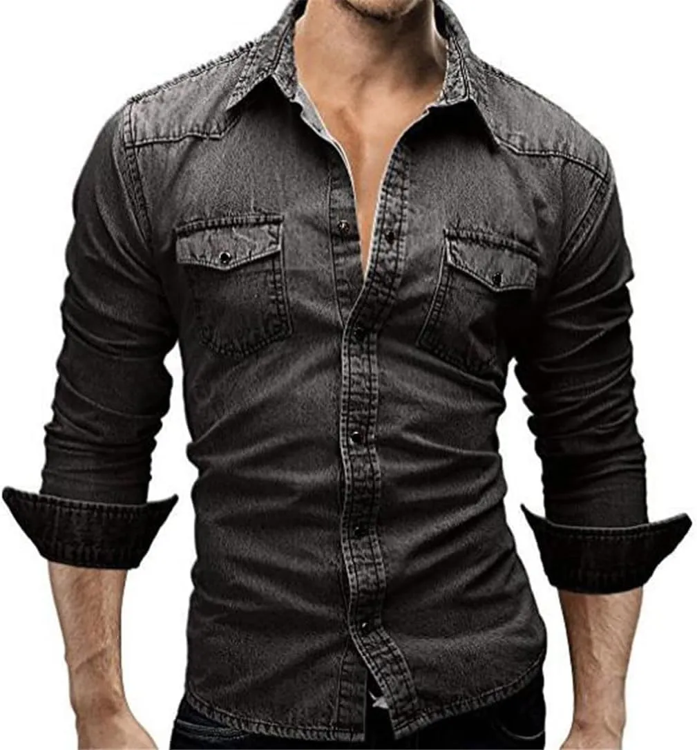 Men Casual Denim Shirt Long Sleeve Solid Slim Fit Dress Shirts Streetwear Tops