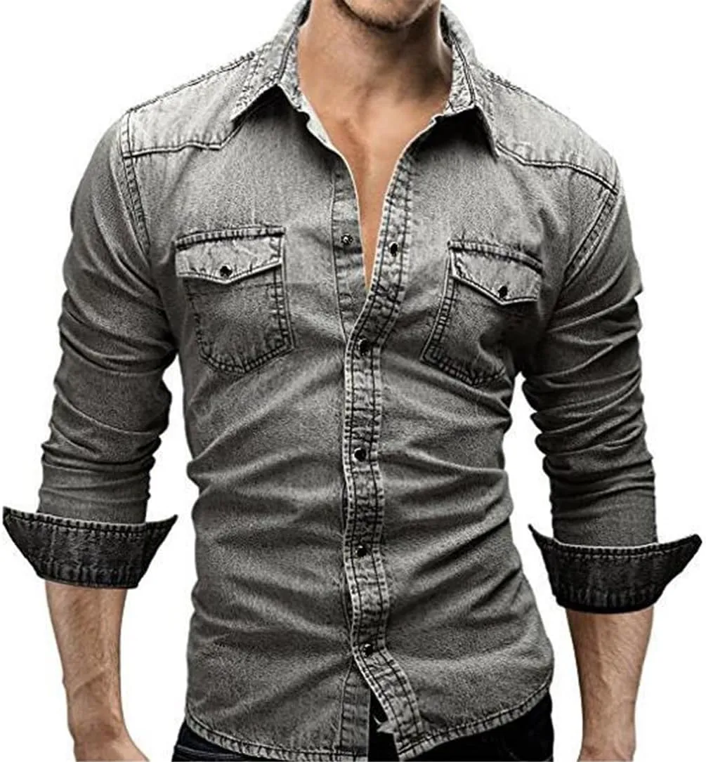 Men Casual Denim Shirt Long Sleeve Solid Slim Fit Dress Shirts Streetwear Tops