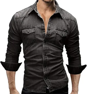 Men Casual Denim Shirt Long Sleeve Solid Slim Fit Dress Shirts Streetwear Tops