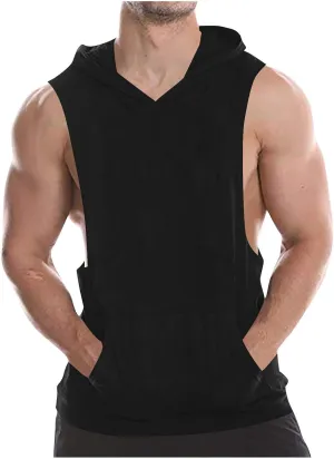Men Cotton Muscle Cut Off Hooded Tank Tops, Solid Color Basic Bodybuilding Training Hoodies Sleeveless Loose Pockets Tees