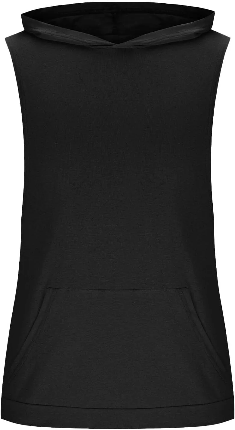 Men Cotton Muscle Cut Off Hooded Tank Tops, Solid Color Basic Bodybuilding Training Hoodies Sleeveless Loose Pockets Tees