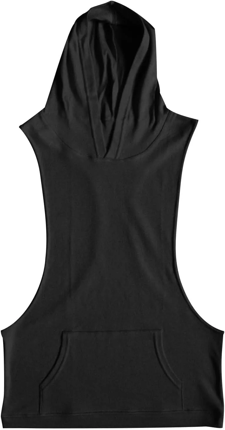 Men Cotton Muscle Cut Off Hooded Tank Tops, Solid Color Basic Bodybuilding Training Hoodies Sleeveless Loose Pockets Tees