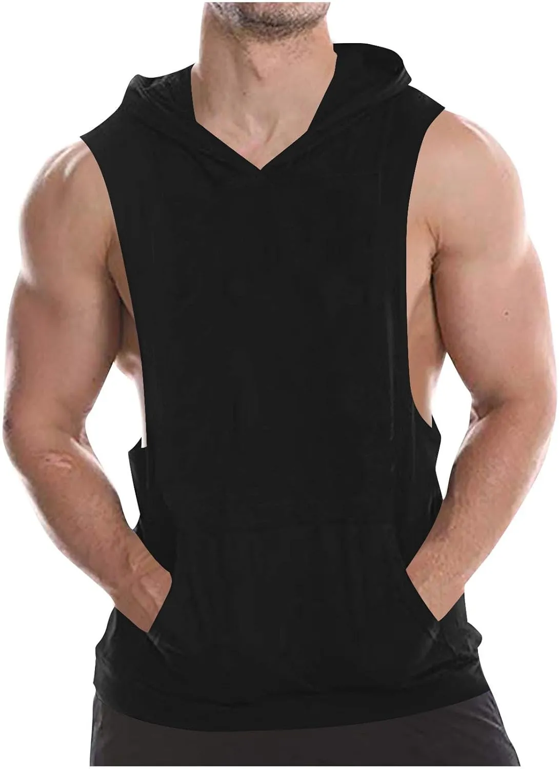 Men Cotton Muscle Cut Off Hooded Tank Tops, Solid Color Basic Bodybuilding Training Hoodies Sleeveless Loose Pockets Tees