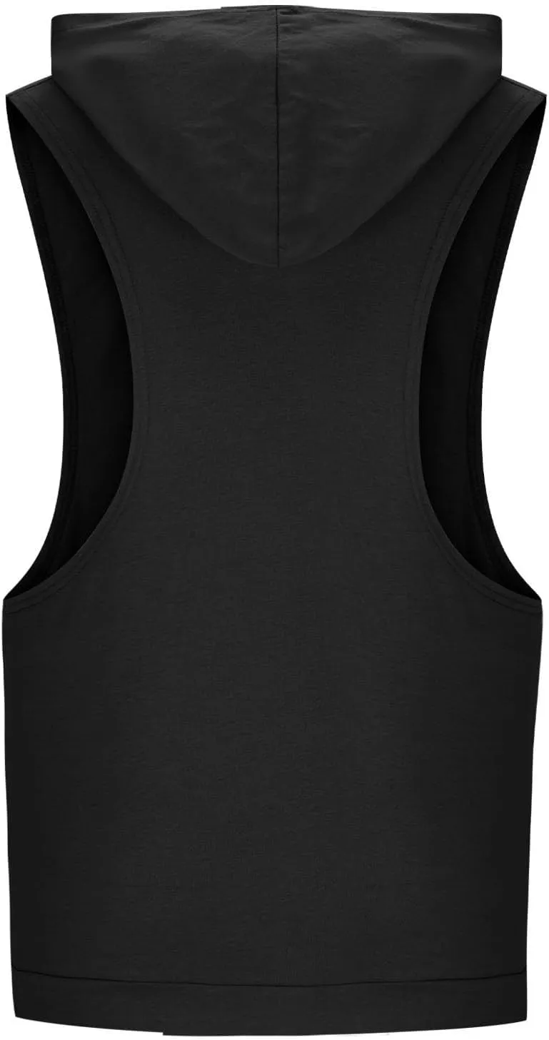 Men Cotton Muscle Cut Off Hooded Tank Tops, Solid Color Basic Bodybuilding Training Hoodies Sleeveless Loose Pockets Tees